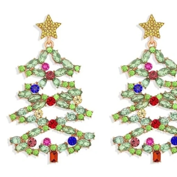Bauble Bar Christmas Tree Earrings Statement Rhinestones and Crystals Gold 3" - Picture 5 of 8